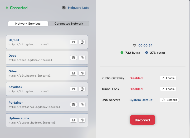 Helguard secure service access screen